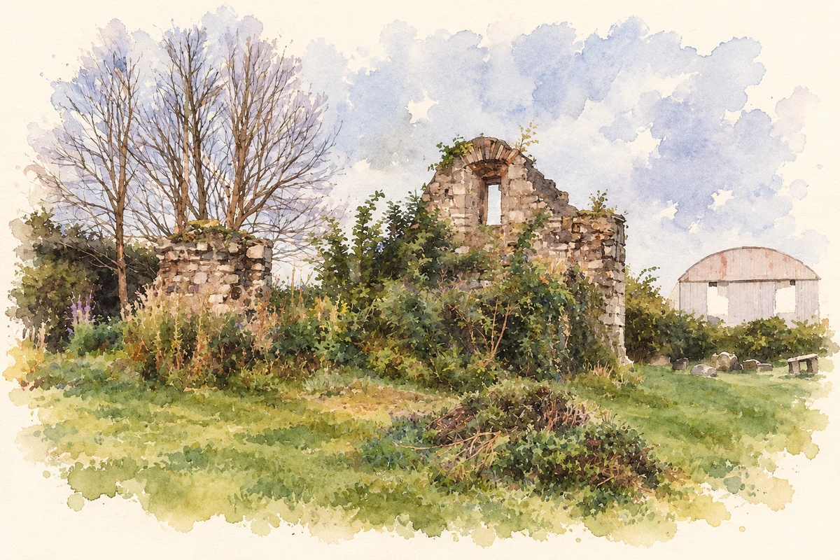 Watercolour and fine ink illustration of Surviving medieval church remains, Bluebell cemetery.