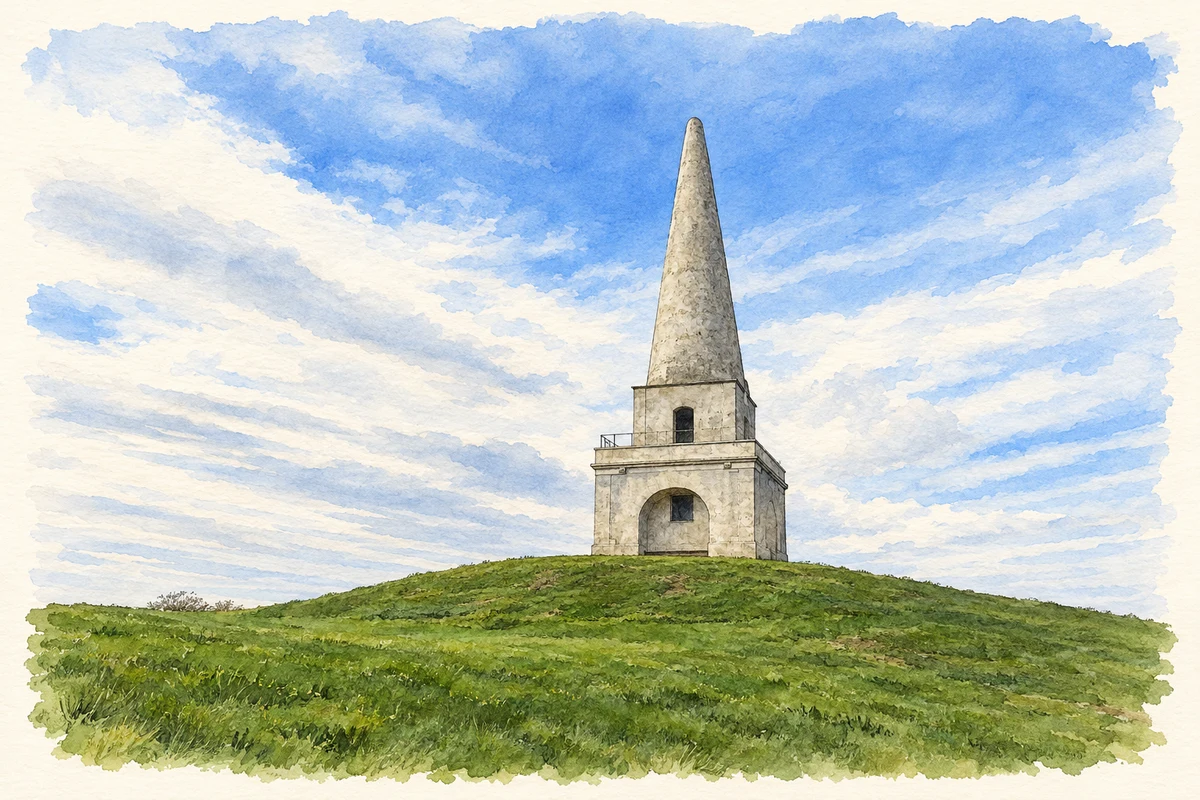 Watercolour and fine ink illustration of The obelisk on Killiney Hill, as photographed in 2014.