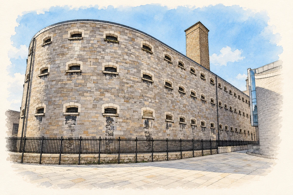 Watercolour and fine ink illustration of Kilmainham Gaol exterior, Dublin.