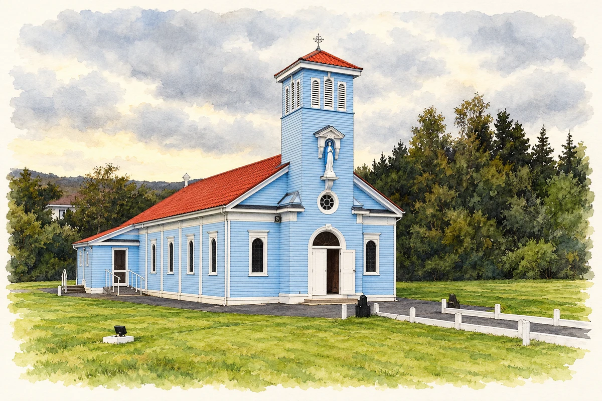 Watercolour and fine ink illustration of Our Lady of the Wayside Church at Kiltiernan, as photographed in 2014.