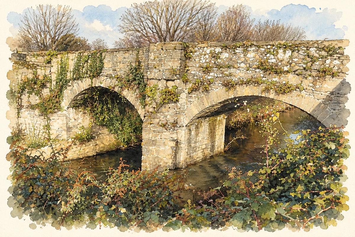 Watercolour and fine ink illustration of Packhorse Bridge over the River Dodder, Milltown, Dublin.