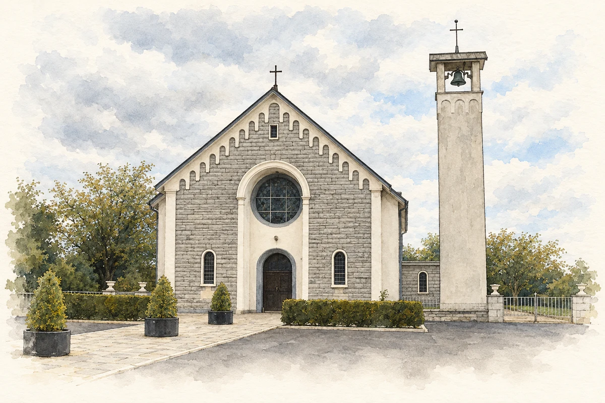 Watercolour and fine ink illustration of Our Lady Queen of Peace Church, Oldtown, County Dublin.