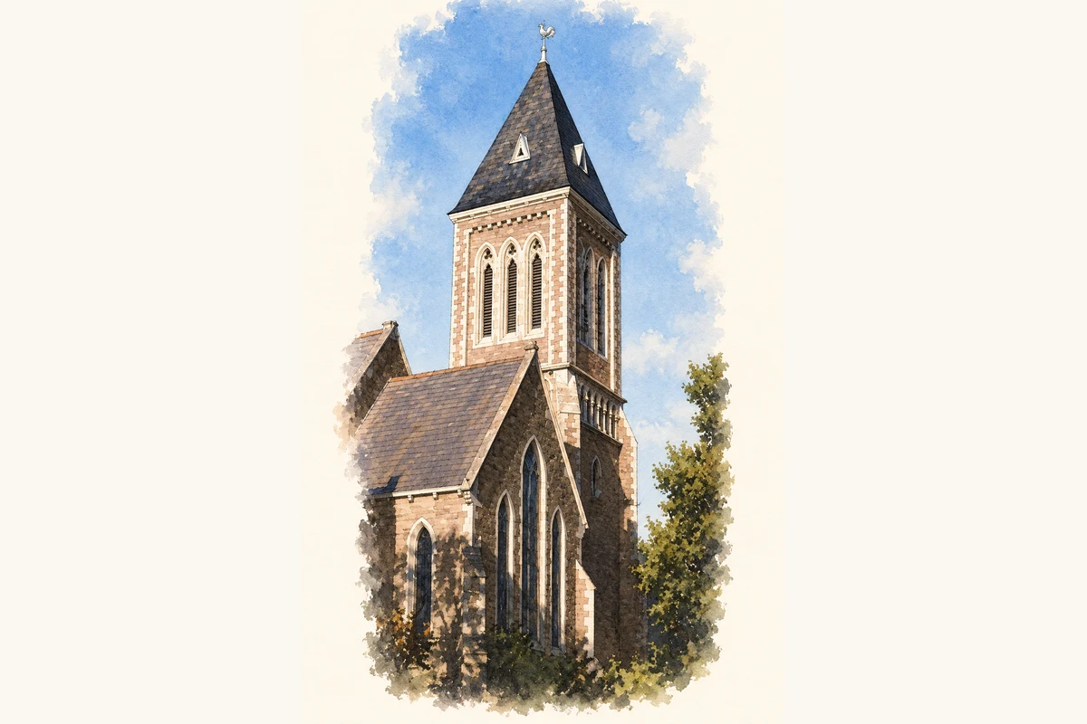Watercolour and fine ink illustration of Zion Church, Rathgar, Dublin.