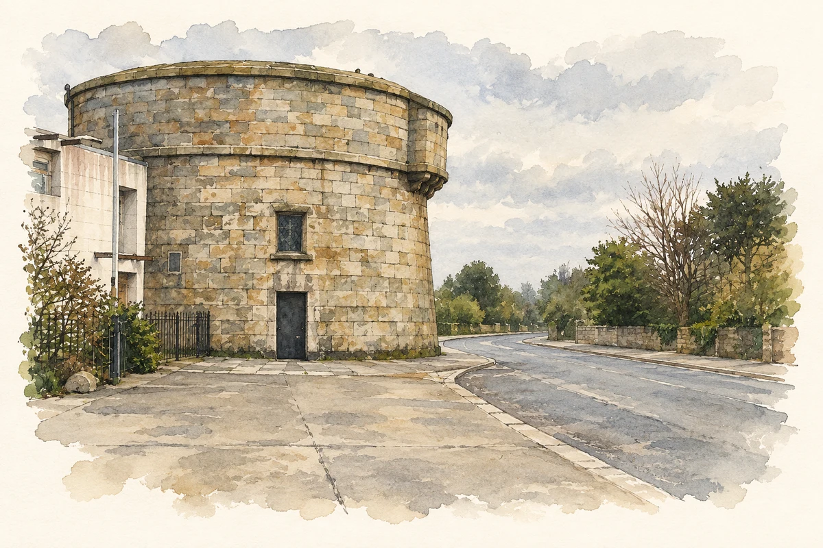 Watercolour and fine ink illustration of Martello Tower on Sandymount Strand, Dublin.