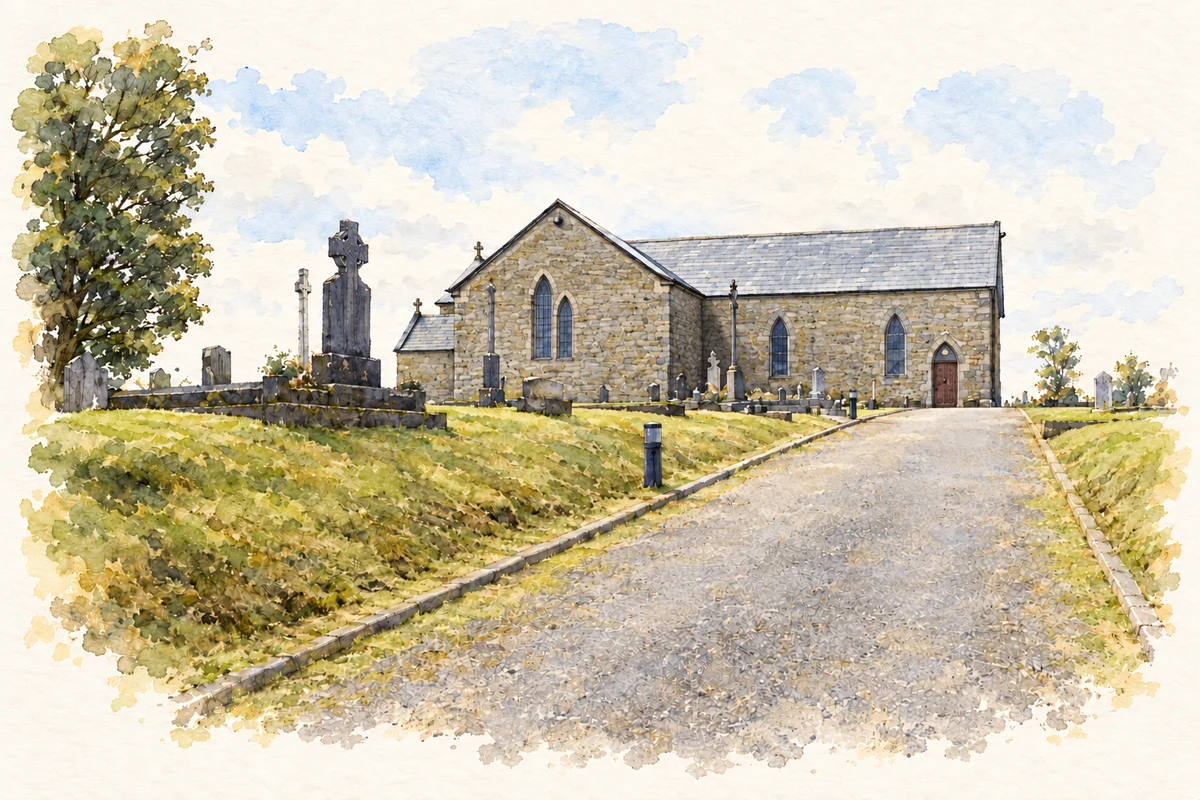 Watercolour and fine ink illustration of St Patrick’s Church, Corlough.