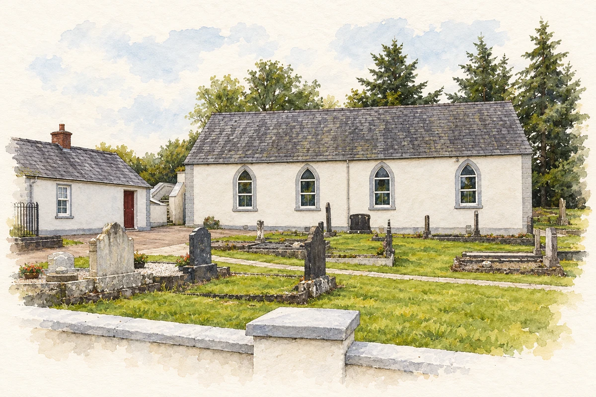 Watercolour and fine ink illustration of Corraneary Presbyterian Church.