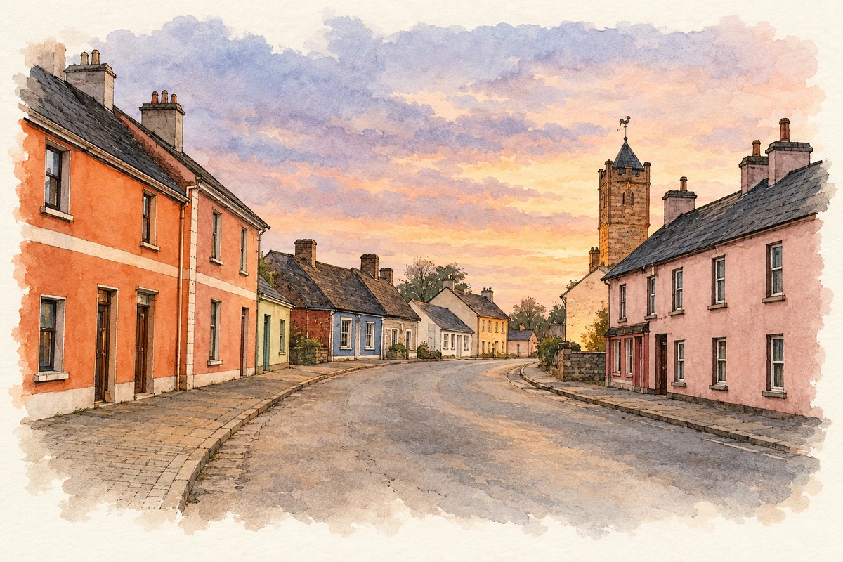 Watercolour and fine ink illustration of Main Street and distant clock tower, Keenagh.