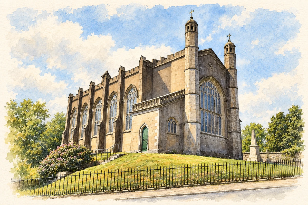 Watercolour and fine ink illustration of Collon Church.