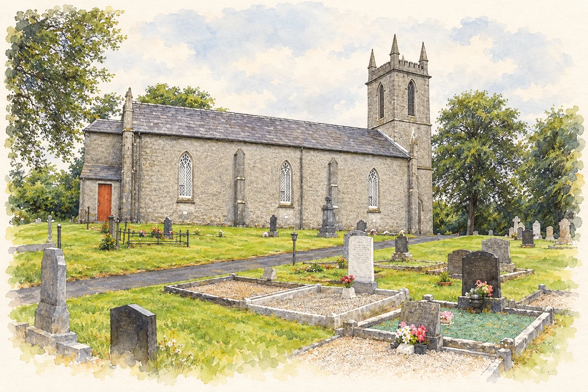 Watercolour and fine ink illustration of Church of Ireland near Drung, as photographed in2012.