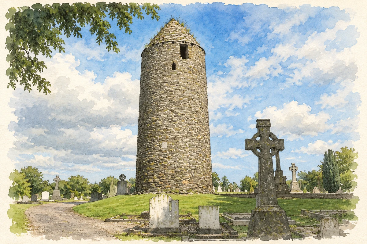 Watercolour and fine ink illustration of Dromiskin Round Tower.