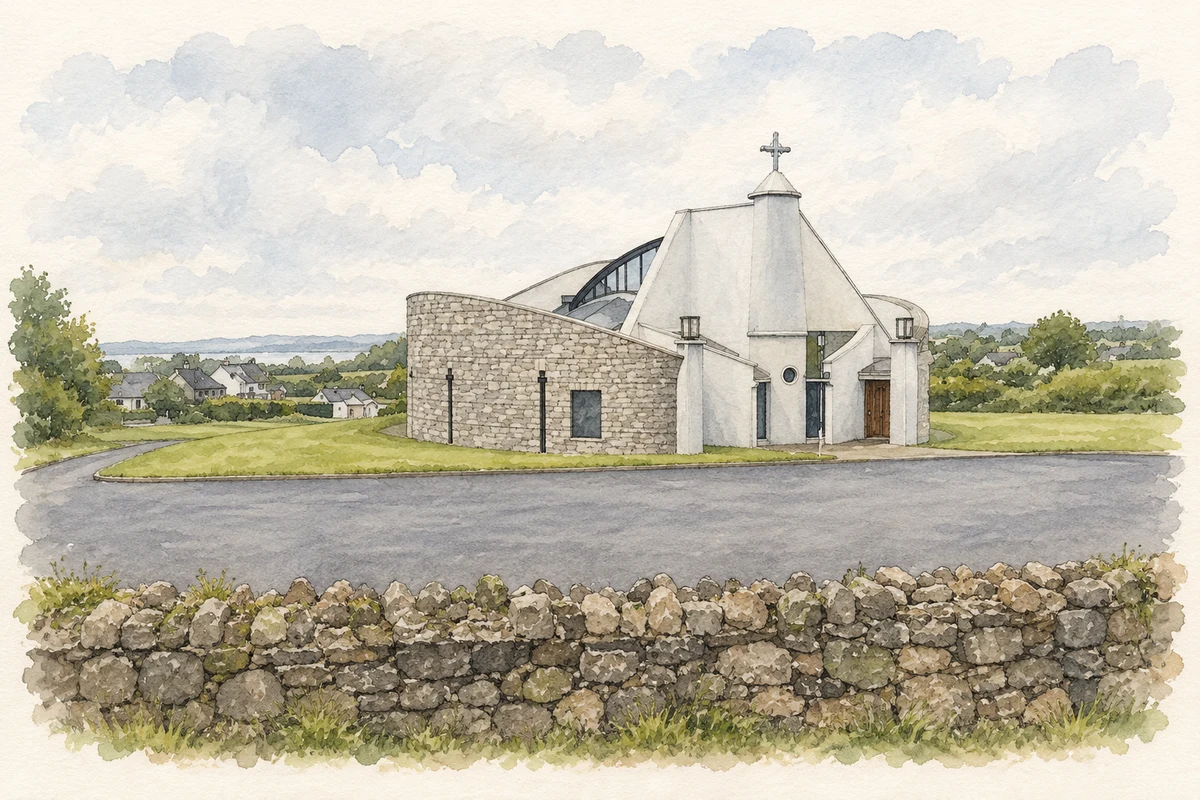 Watercolour and fine ink illustration of Church of Our Lady of the Wayside, Jenkinstown.
