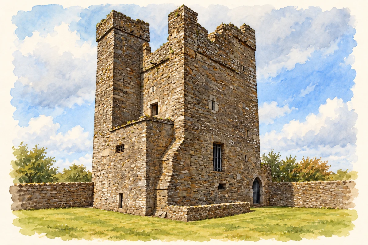 Watercolour and fine ink illustration of Termonfeckin Castle.