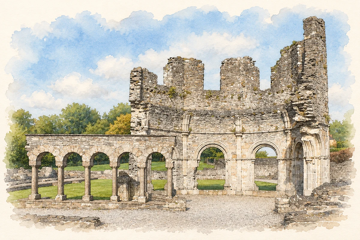 Watercolour and fine ink illustration of Old Mellifont Abbey lavabo, near Tullyallen, County Louth.