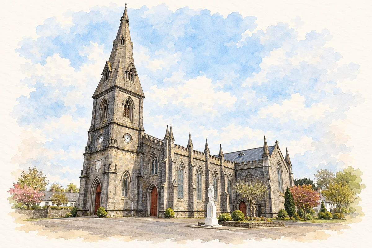 Watercolour and fine ink illustration of Saint Muredach's Cathedral, Ballina, County Mayo in Ballina.