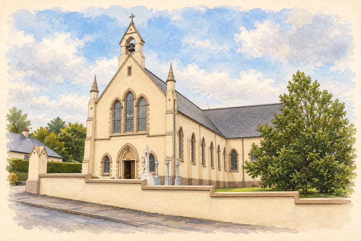 Watercolour and fine ink illustration of Ballycastle church, County Mayo.
