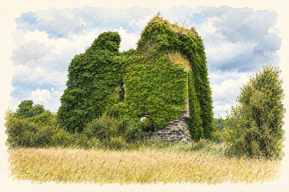 Watercolour and fine ink illustration of Ivy-covered ruins of Carn Castle near Bellavary.