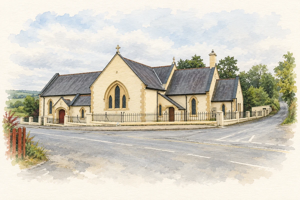 Watercolour and fine ink illustration of Saint Ann’s Catholic Church at Glasleck, as photographed in 2008.