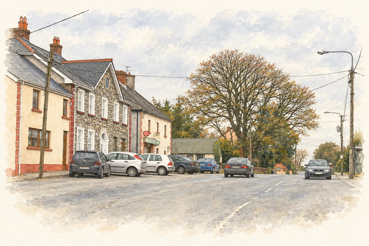 Watercolour and fine ink illustration of The village street at Kilcogy, as photographed in 2007.