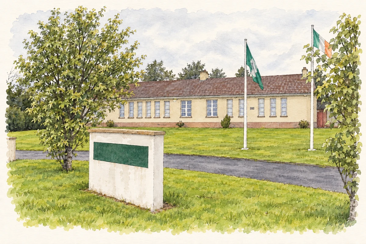 Watercolour and fine ink illustration of Saint Patrick’s National School at Lisboduff, as photographed in 2012.