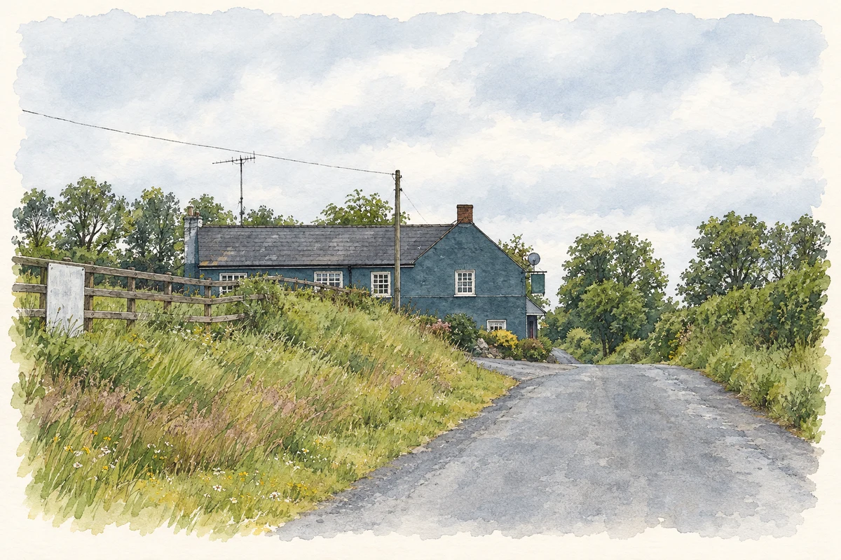 Watercolour and fine ink illustration of Traynors’ Bar at the Lisnageer road junction, as photographed in 2011.