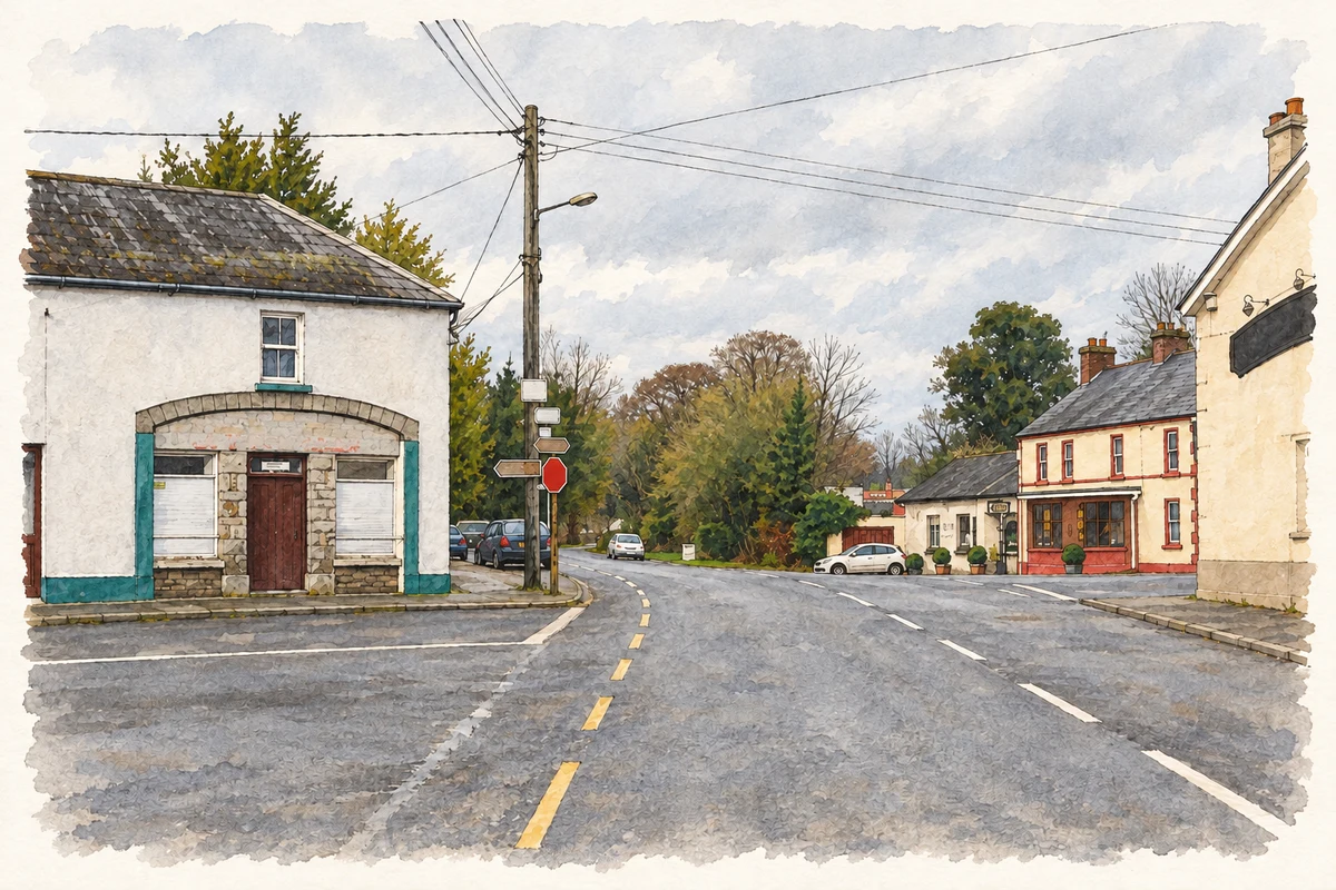 Watercolour and fine ink illustration of The village street at Mount Nugent, as photographed in December 2007.