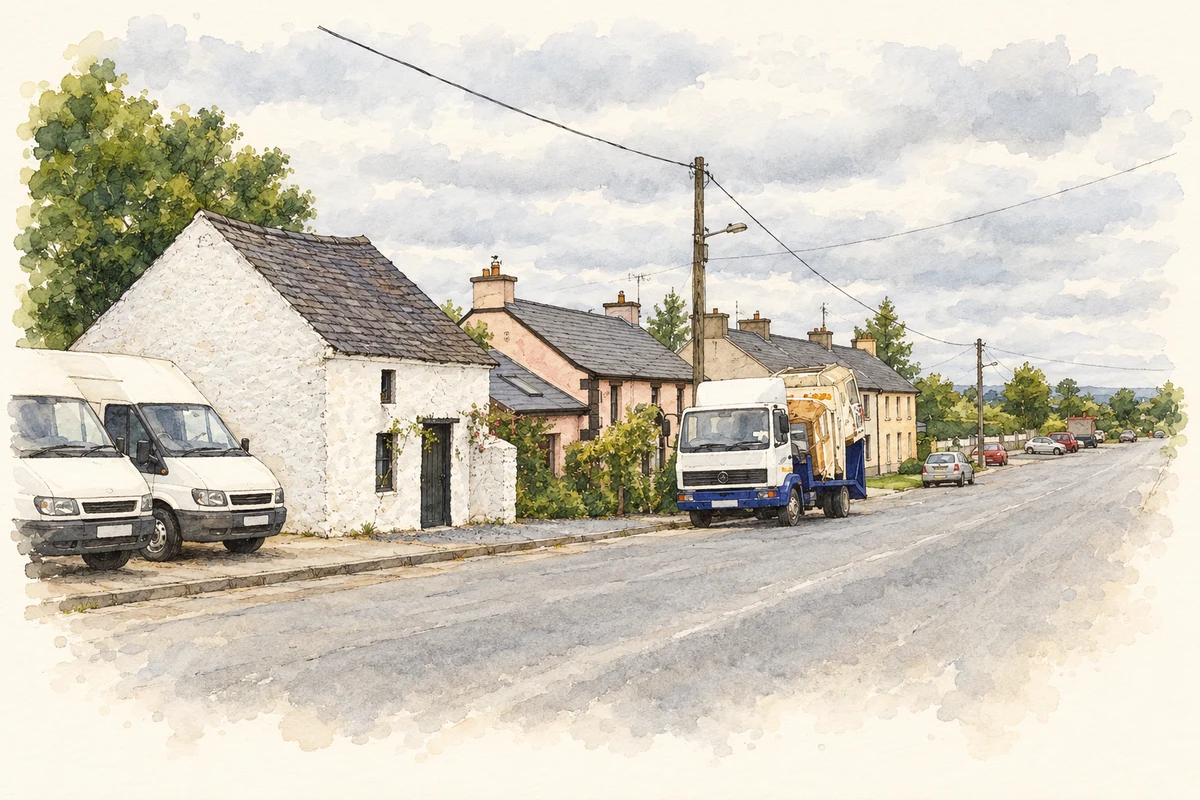 Watercolour and fine ink illustration of Main Street at Hugginstown, as photographed in 2006.