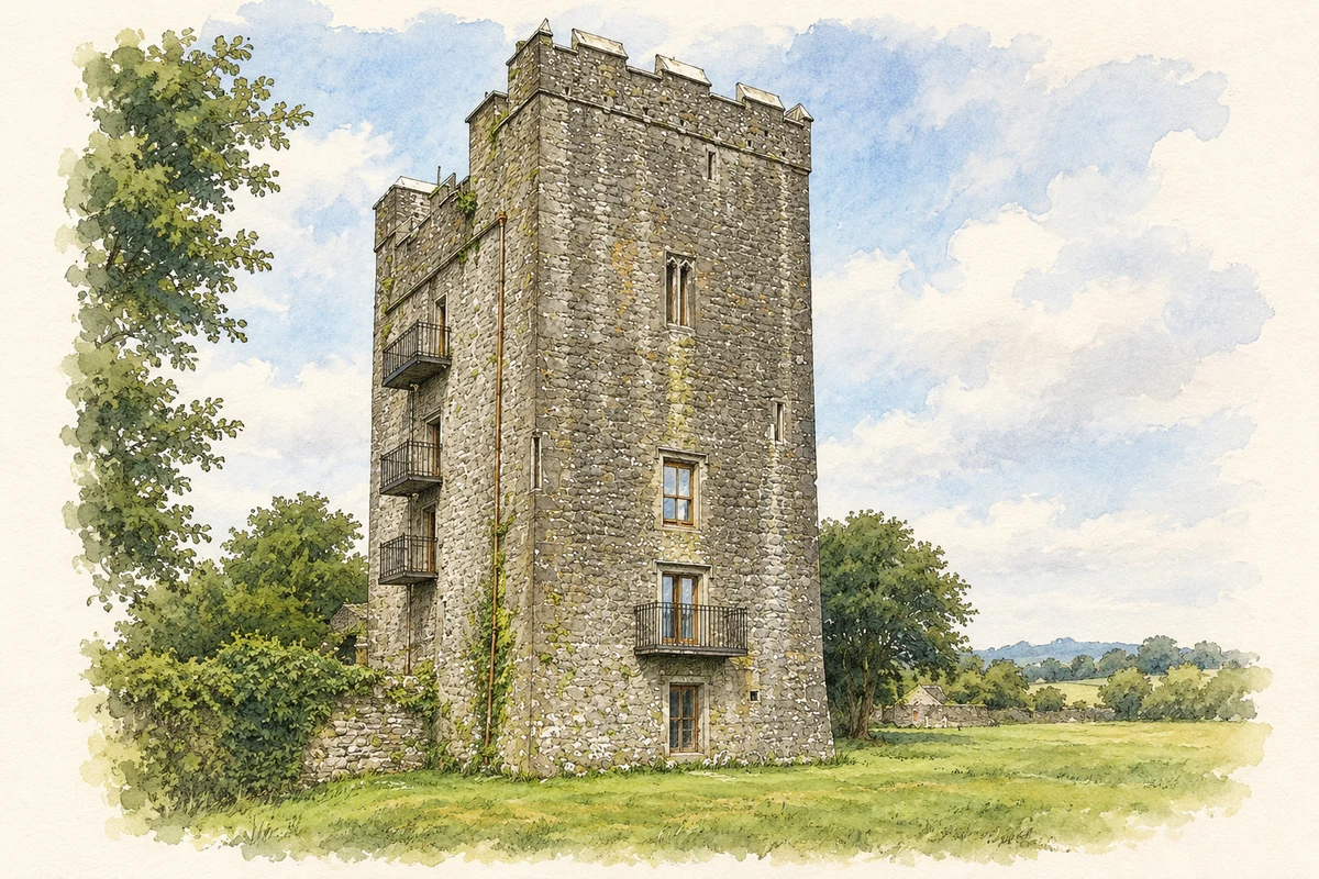 Watercolour and fine ink illustration of Foulksrath Castle, near Jenkinstown, County Kilkenny.