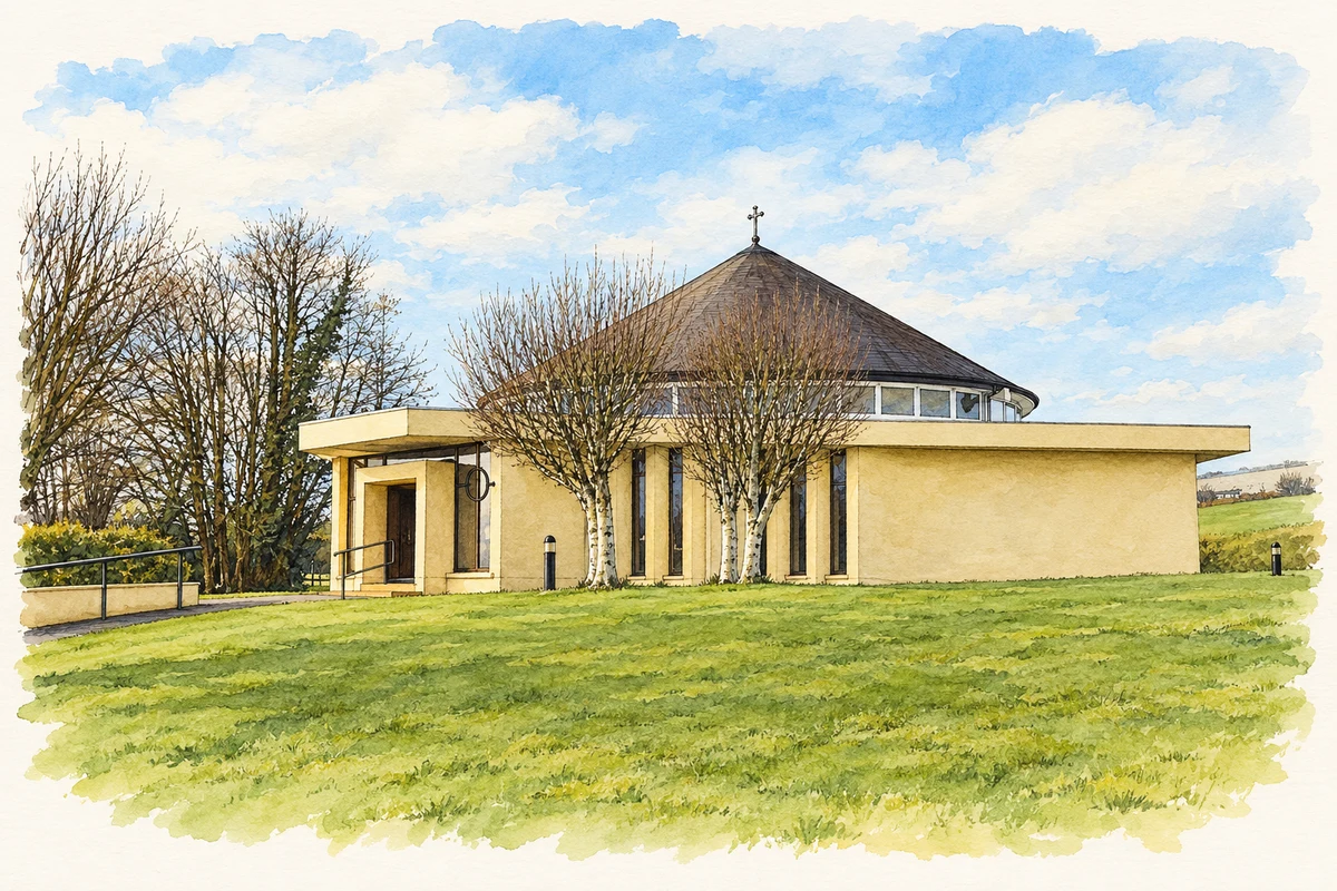 Watercolour and fine ink illustration of Our Lady, Queen of Peace Church at Kilmanagh, as photographed in 2025.