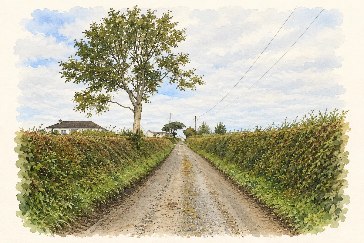Watercolour and fine ink illustration of A country lane near Lacken, County Kilkenny, as photographed in 2008.