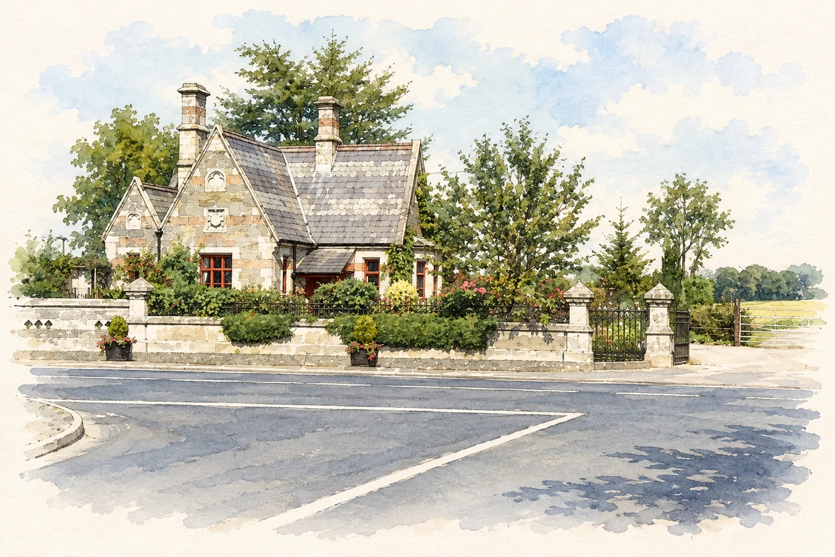 Watercolour and fine ink illustration of Harristown gate lodge, Brannockstown, County Kildare.
