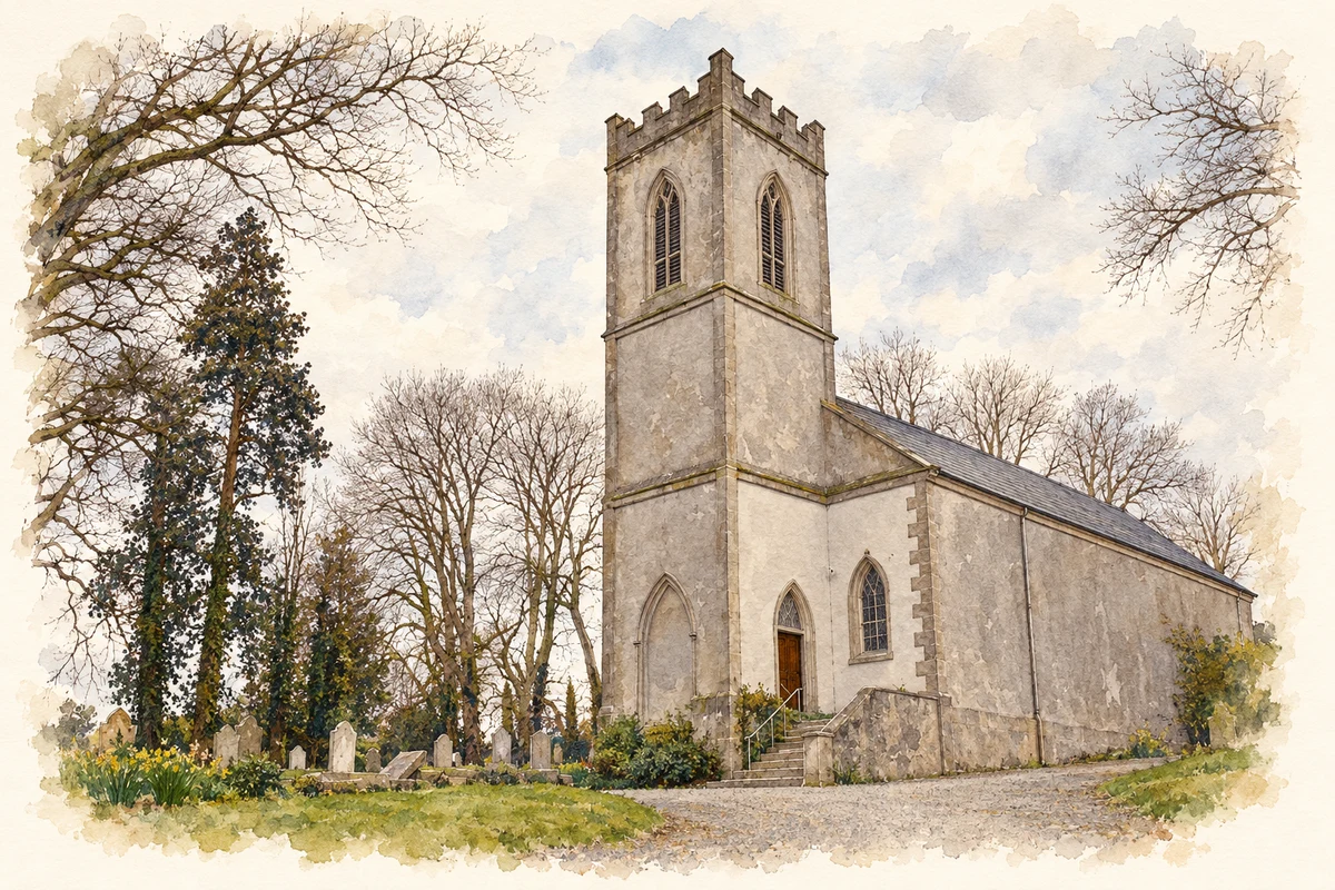 Watercolour and fine ink illustration of Church of Ireland parish church, Carbury.