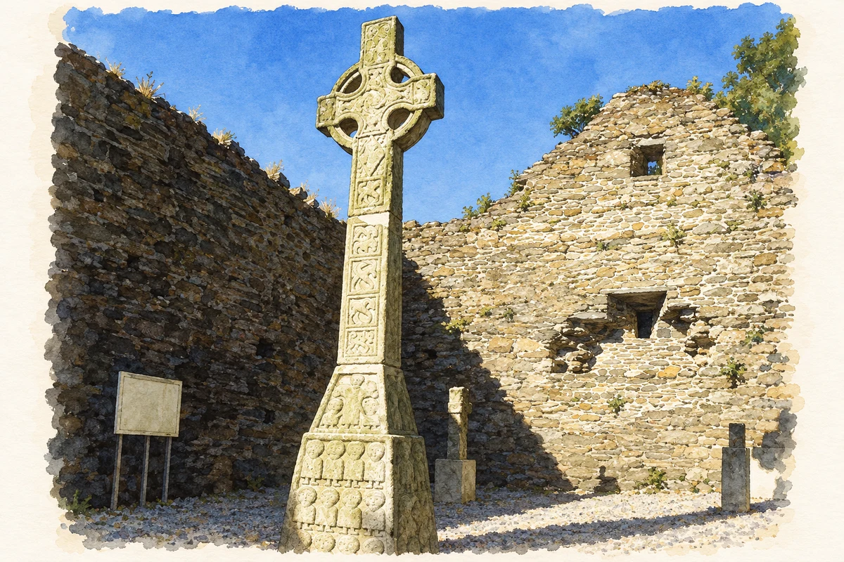 Watercolour and fine ink illustration of Moone High Cross in the church ruins, as photographed in August 2001.