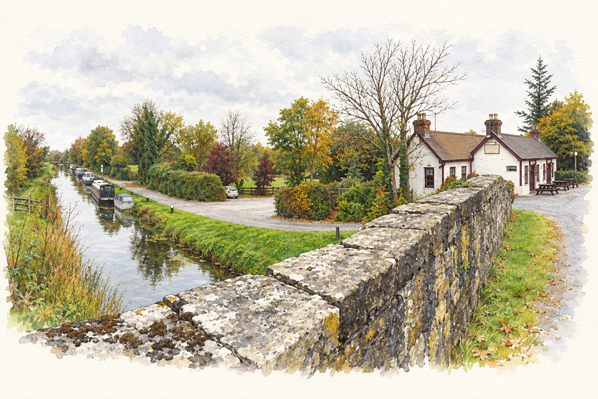 Watercolour and fine ink illustration of The Royal Canal at Moyvally Bridge, as photographed in October 2015.