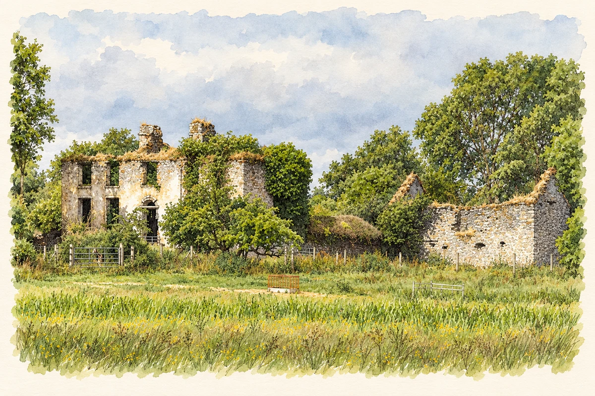 Watercolour and fine ink illustration of Battlemount House ruin near Narraghmore, County Kildare.