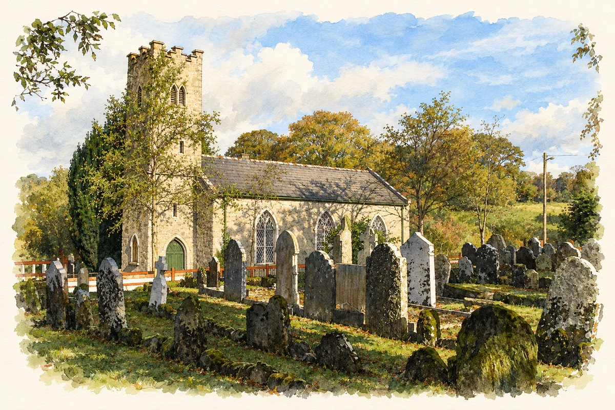 Watercolour and fine ink illustration of Clonmore Church and graveyard, County Carlow.