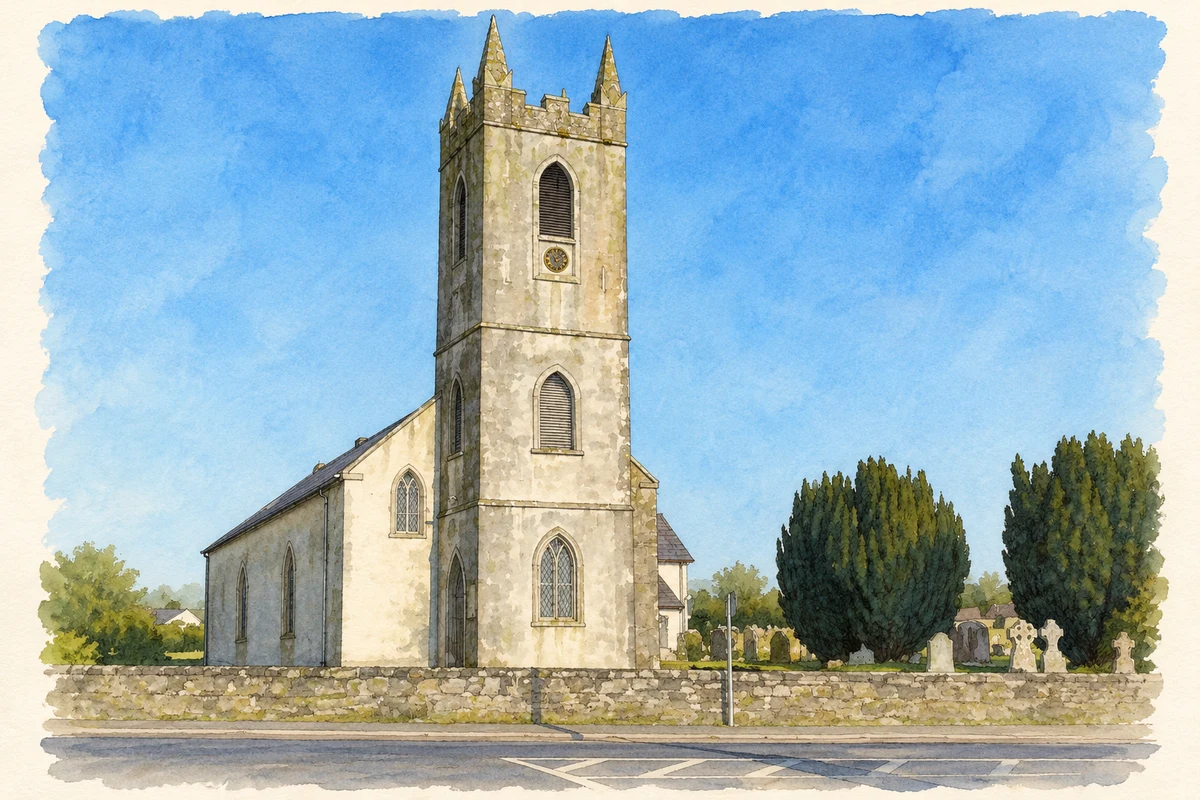 Watercolour and fine ink illustration of All Saints Church, Fennagh.