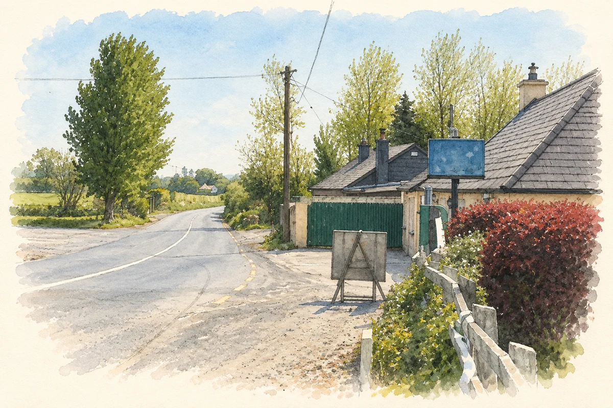 Watercolour and fine ink illustration of The crossroads at Killerrig, as photographed in 2007.