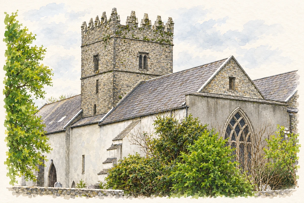 Watercolour and fine ink illustration of Old Leighlin Cathedral, as photographed in April 2007.