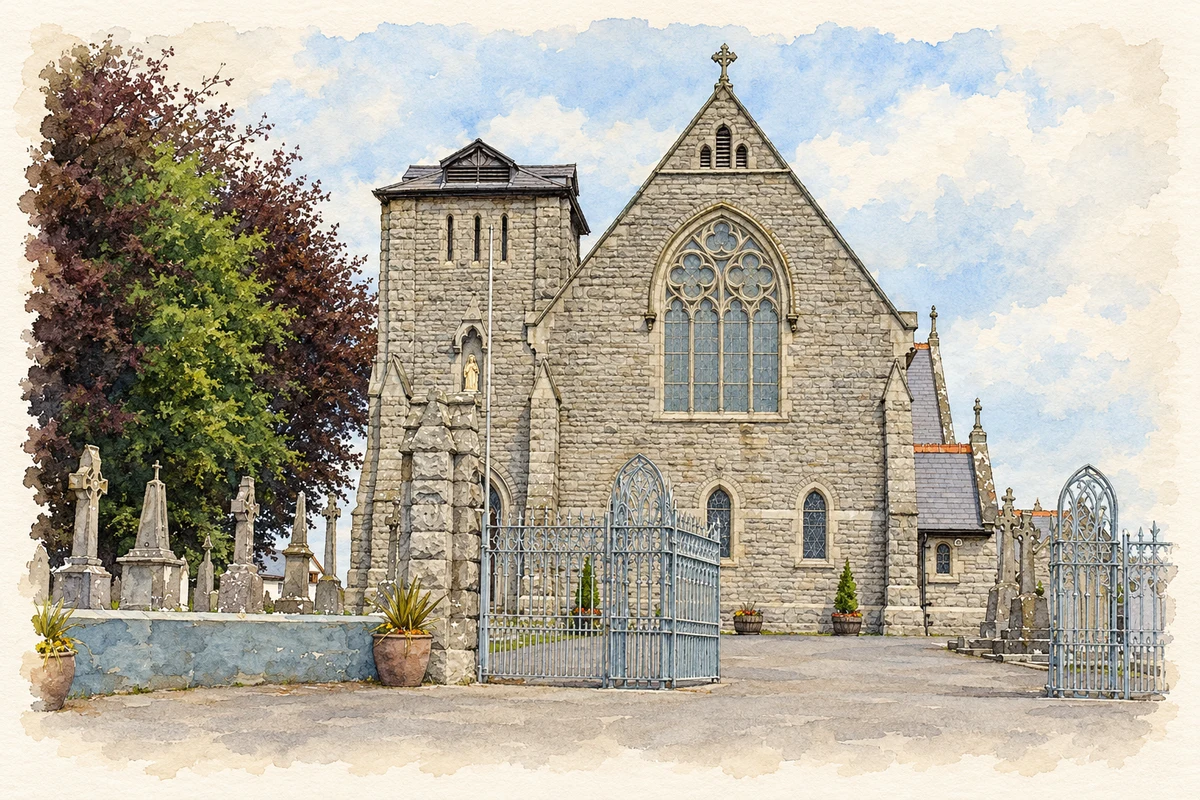 Watercolour and fine ink illustration of Saint Patrick's Catholic Church, Rathtoe, County Carlow.