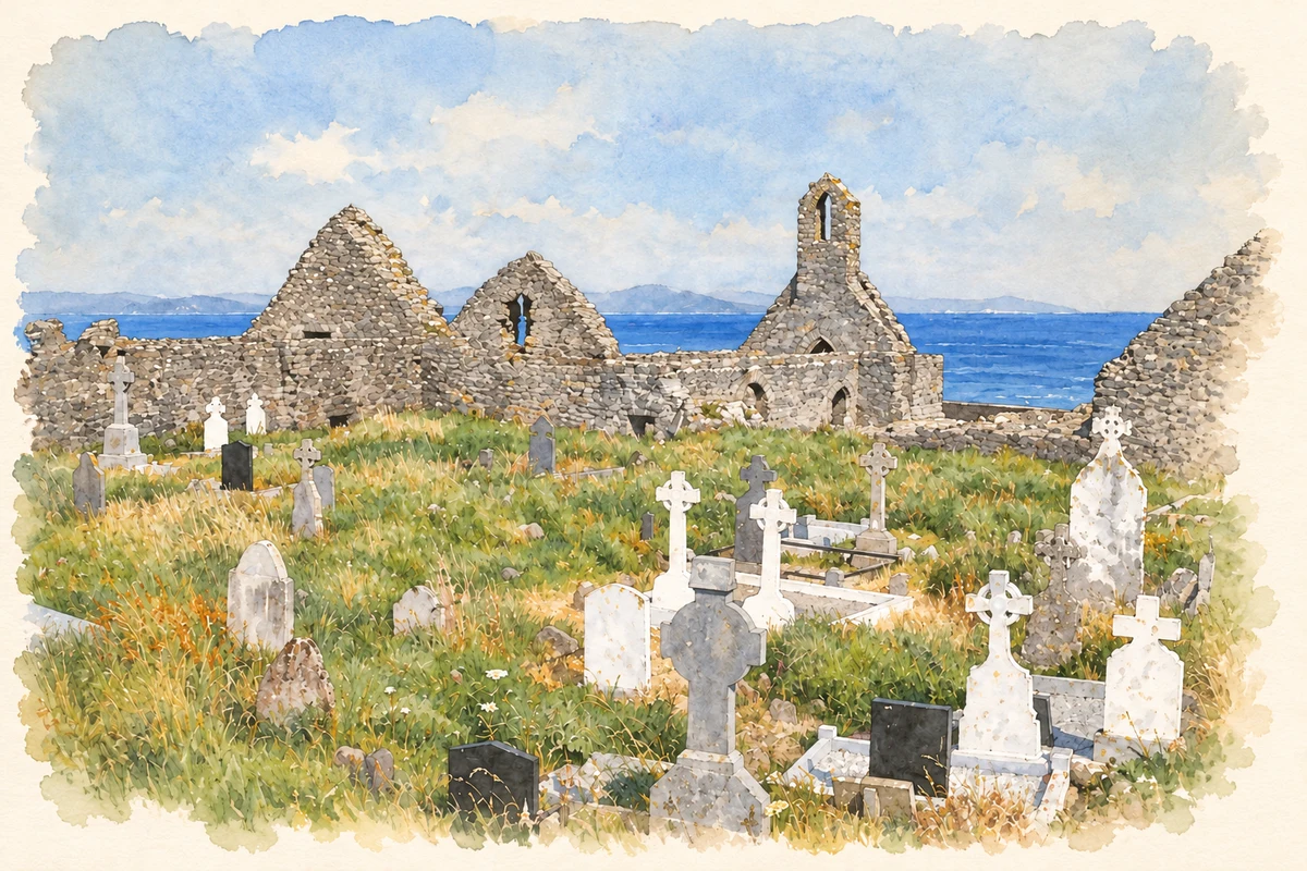 Watercolour and fine ink illustration of Ballinskelligs Priory, County Kerry.