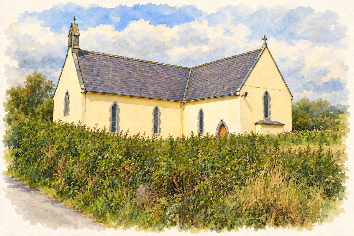 Watercolour and fine ink illustration of Ballyhar Church, County Kerry.