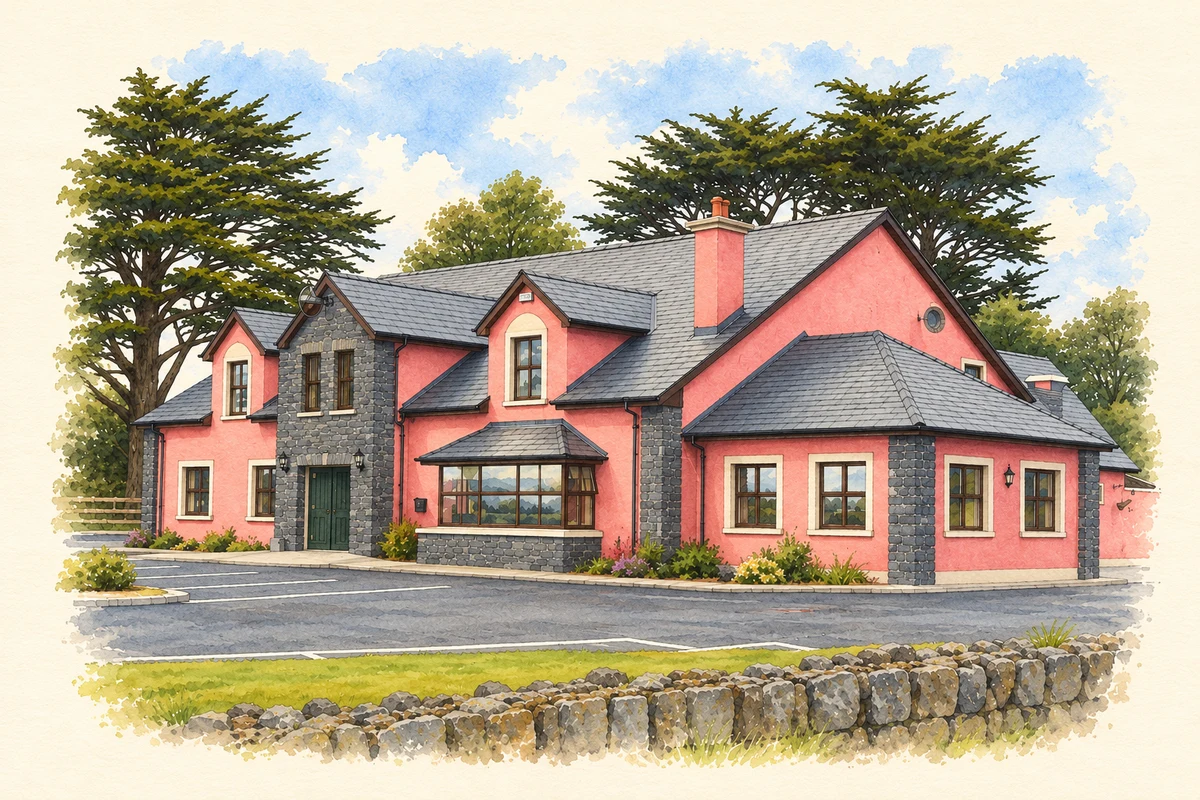 Watercolour and fine ink illustration of O'Riada's pub, Maglass, Ballymacelligott.