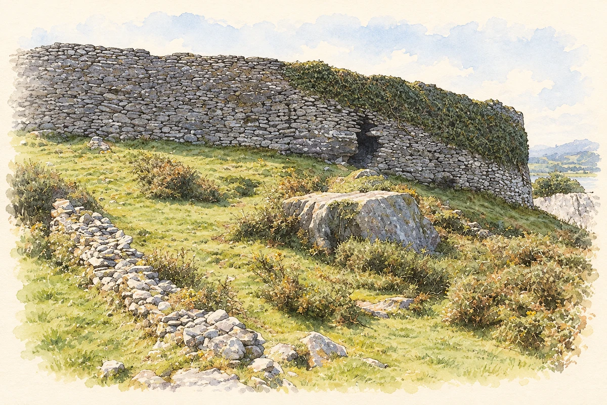 Watercolour and fine ink illustration of Cathair Dónall stone fort, near Caherdaniel.