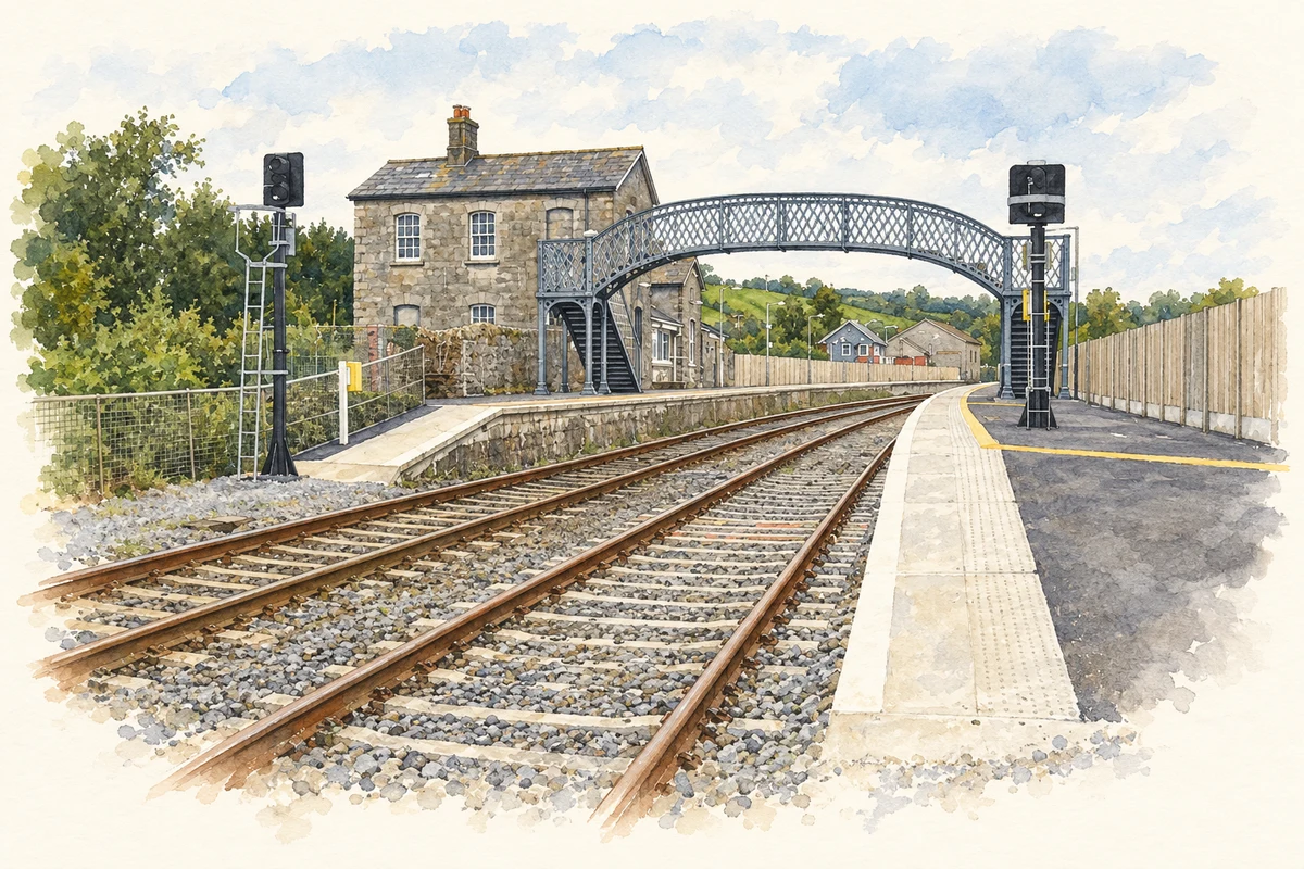 Watercolour and fine ink illustration of Farranfore railway station, as photographed in 2006.