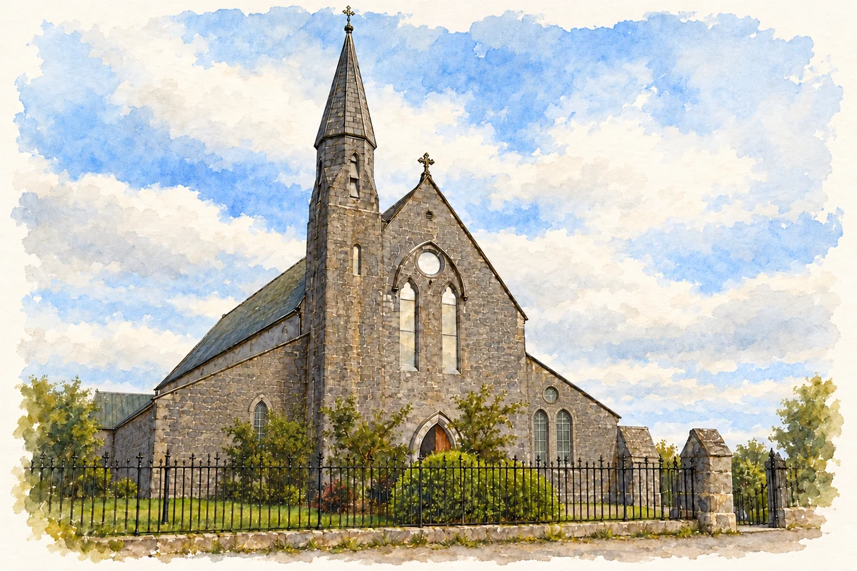 Watercolour and fine ink illustration of Church of St Gertrude, Fieries, County Kerry.