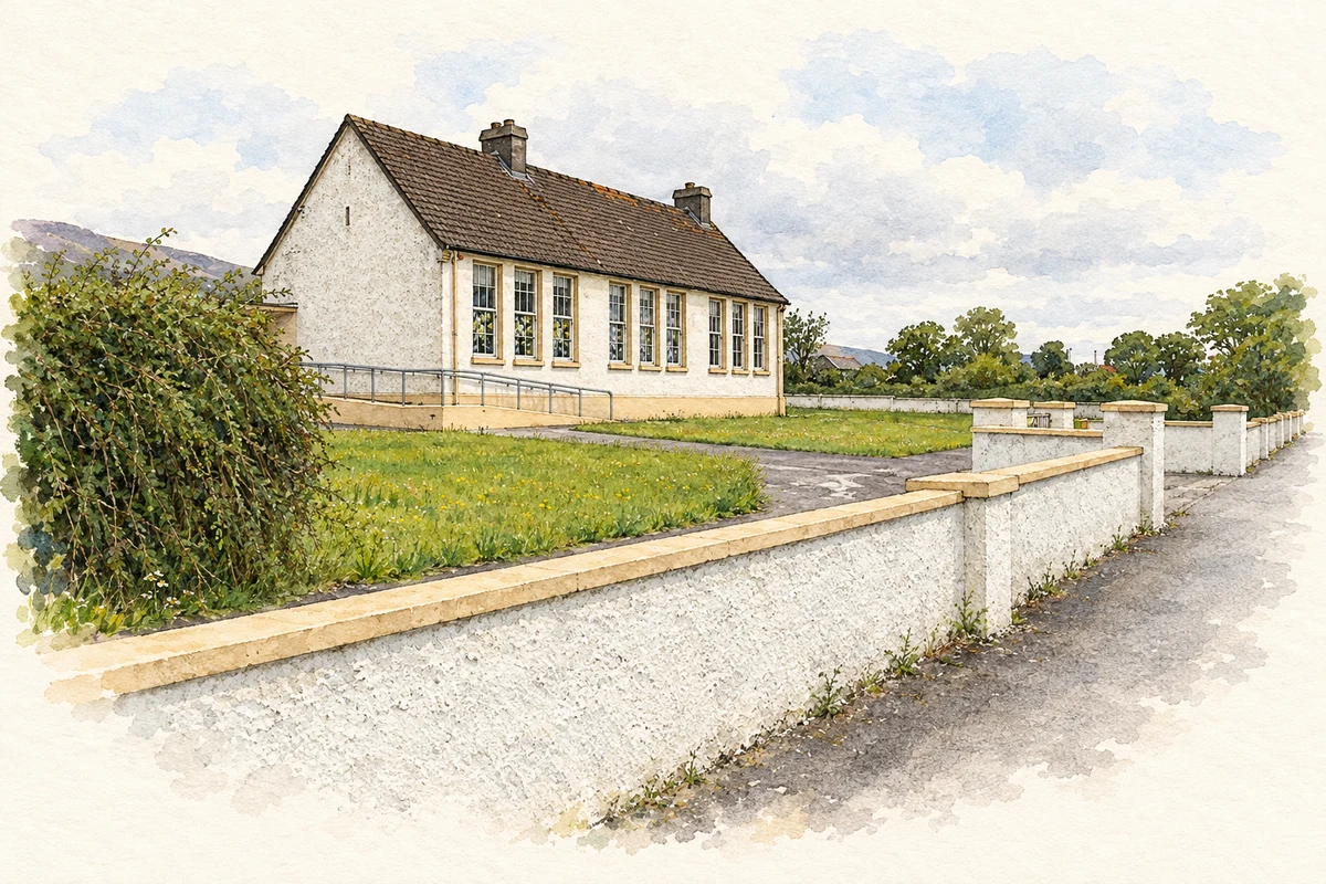 Watercolour and fine ink illustration of National school near Fybagh, as photographed in 2005.