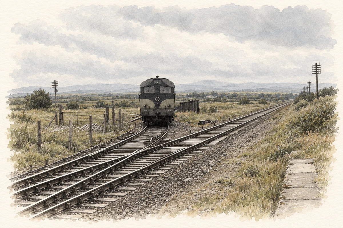 Watercolour and fine ink illustration of Gortatlea railway junction, in 1976.