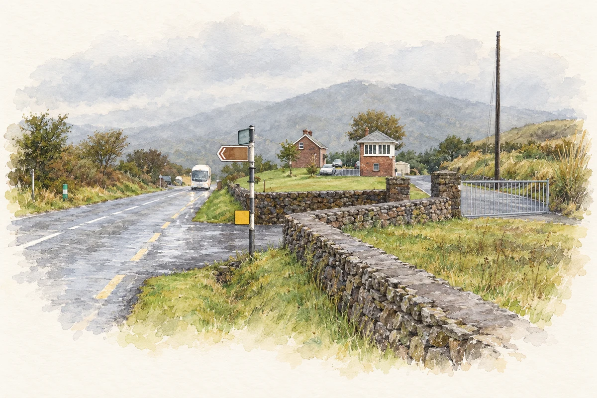 Watercolour and fine ink illustration of The former Kells station buildings at Gortnagree, as photographed in 2007.