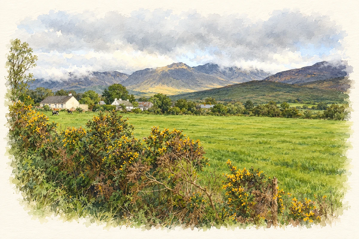 Watercolour and fine ink illustration of Pasture and Carrauntoohil near Kilgobnet, County Kerry.
