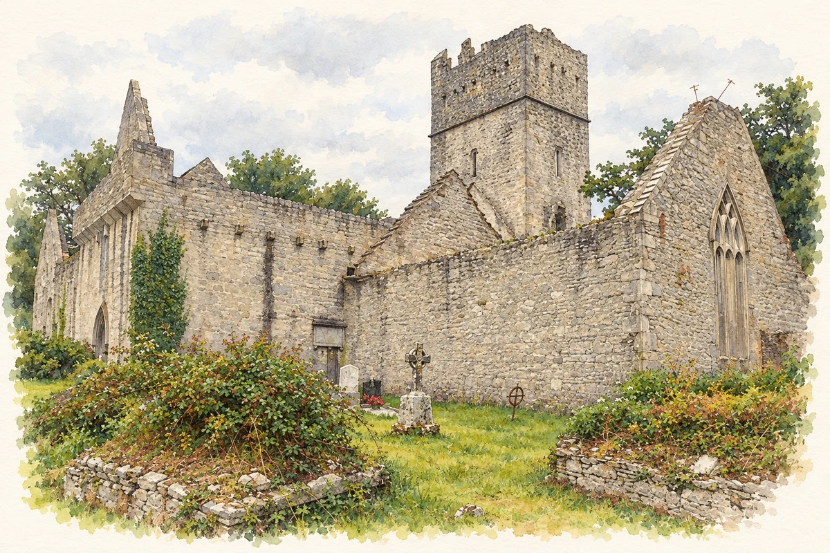 Watercolour and fine ink illustration of Muckross Abbey from the south-west, as photographed in August 2024.